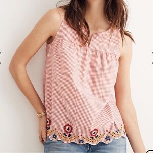 Madewell Pink Gingham Tank Top with Floral Embroidery. Size Small.